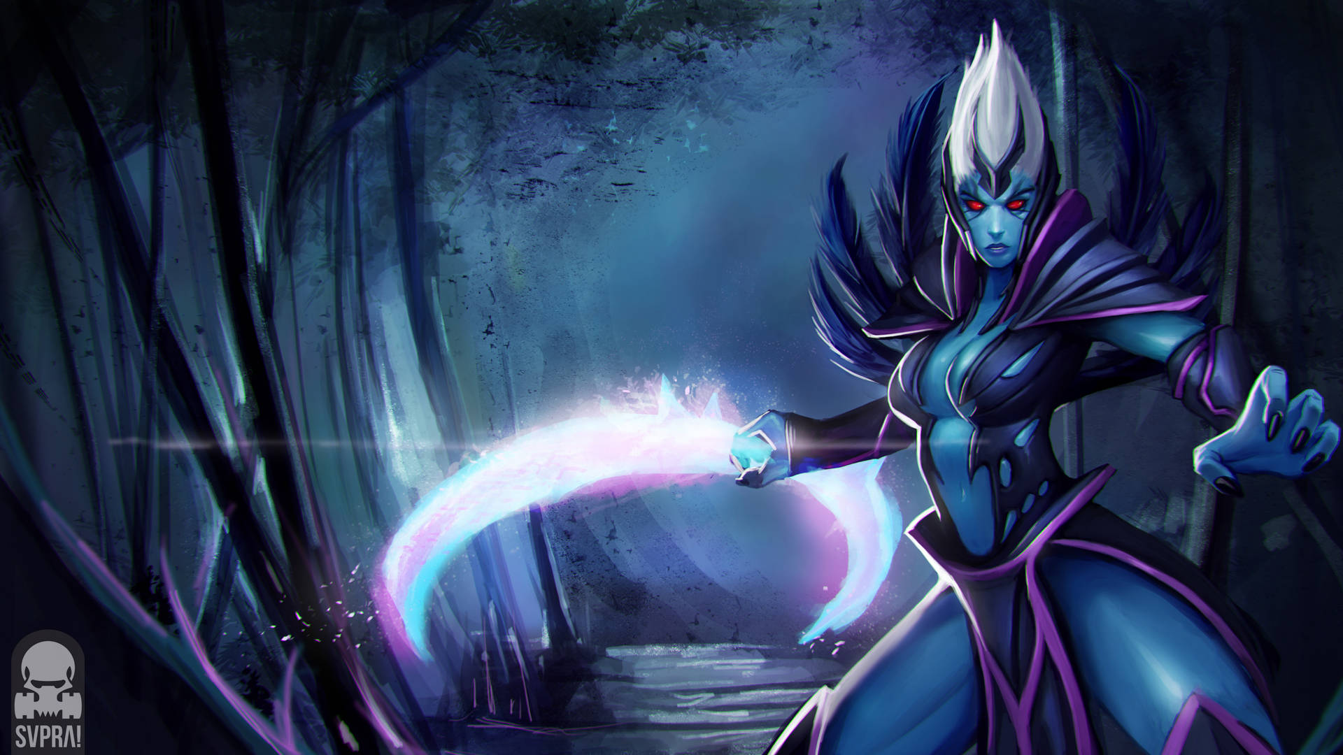 Dota 2 4K 復仇之魂 壁紙 — 一個藍皮膚白髮的動漫戰士在黑暗森林中揮舞著發光的紫色劍。