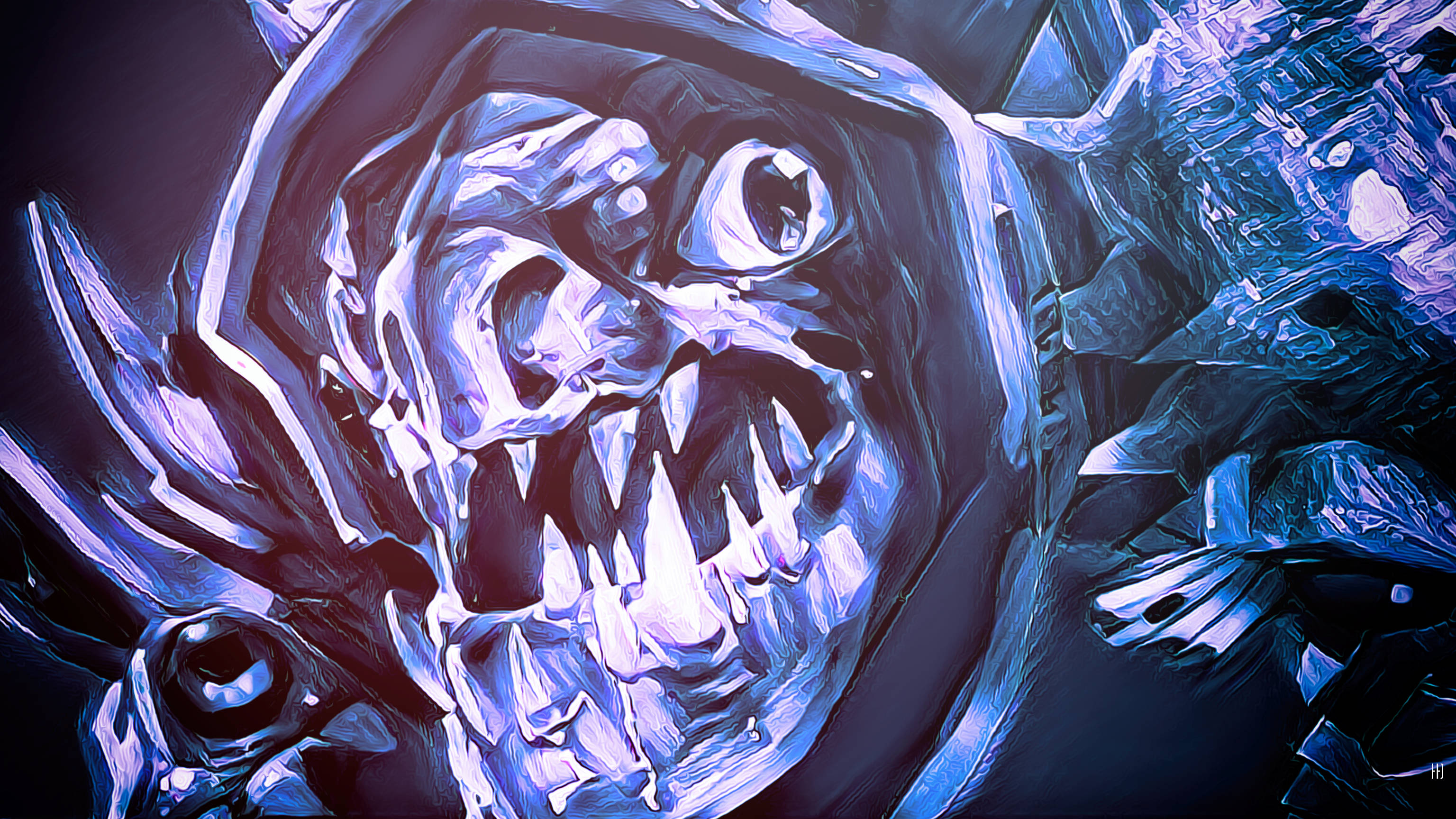 Dota 2 4K 斯拉克 壁紙 — 一隻帶有尖銳牙齒和發光眼睛的威脅性藍色和紫色數碼藝術怪物，以黑暗抽象風格咆哮。