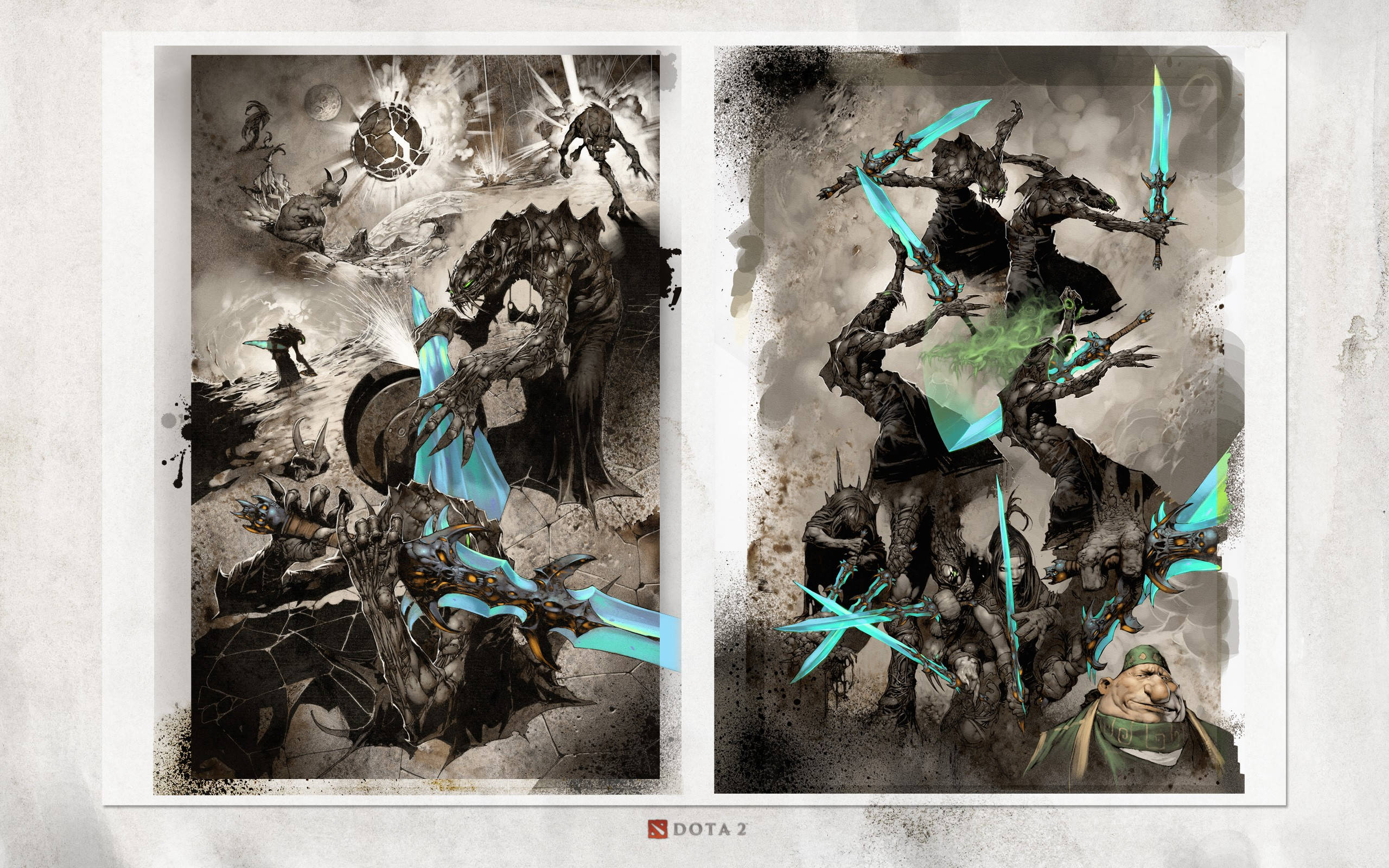 Dota 2 4K 暗影契約 壁紙 — 兩幅動態Dota 2英雄插圖，描繪黑暗角色在粗糙的戰鬥背景中揮舞發光的青色刀刃。