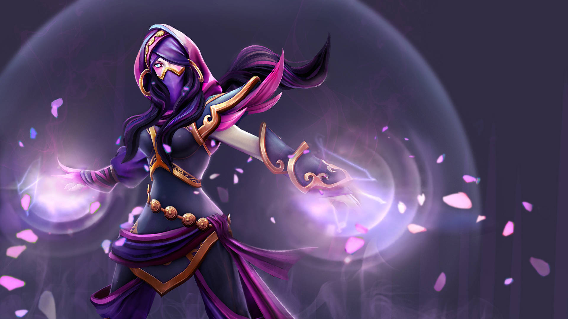 Dota 2 4K 模範刺客 壁紙 — 一位身穿紫色兜帽的魔法師，長髮飄逸，在黑暗神秘背景下，於飄浮的粉紅花瓣中引導發光的魔法球。