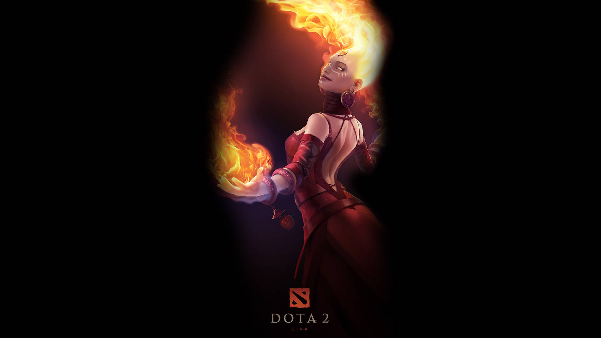 Dota 2 4K 殺手琳娜 壁紙 — 一個紅髮Dota 2角色身穿紅袍，在黑暗虛空中手持燃燒球體，伴隨著發光的橙色火焰。