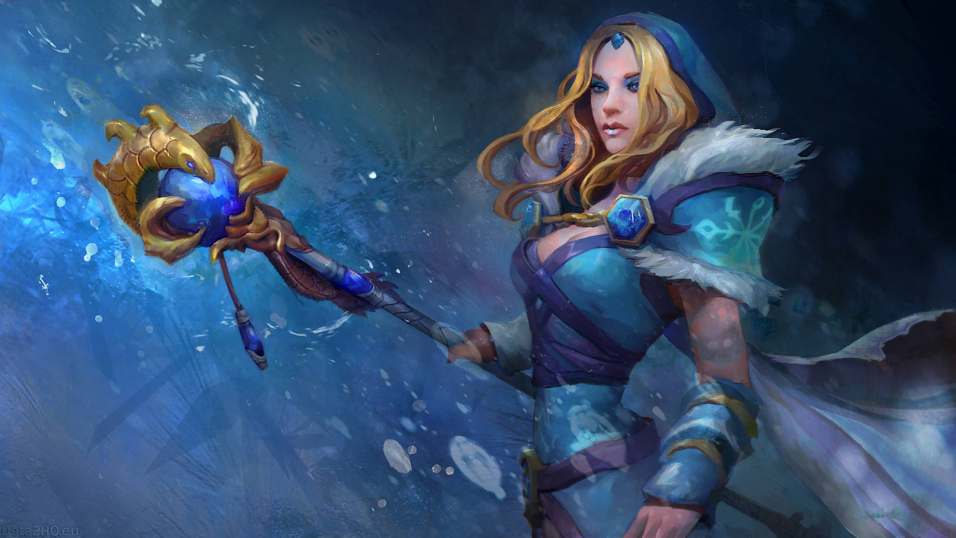 Dota 2 4K 水晶女郎 壁紙 — 一位擁有飄逸金髮的冰霜法師，在深藍色魔法環境中，於旋轉的冰晶粒子間揮舞著發光的藍色法杖。