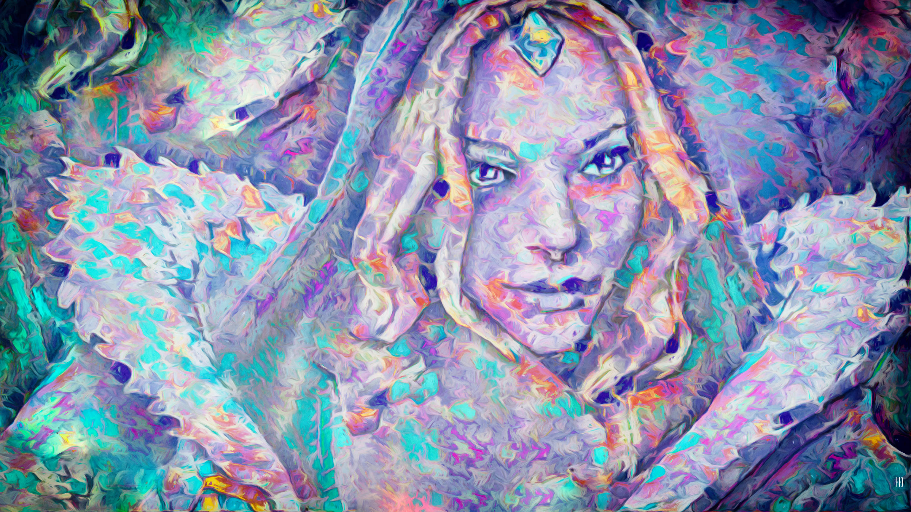Dota 2 4K 水晶室女 壁紙 — 一位女士的風格化肖像，擁有發光的眼睛和鑲有寶石的頭飾，以紫色、藍綠色和粉紅色的鮮豔抽象筆觸呈現。
