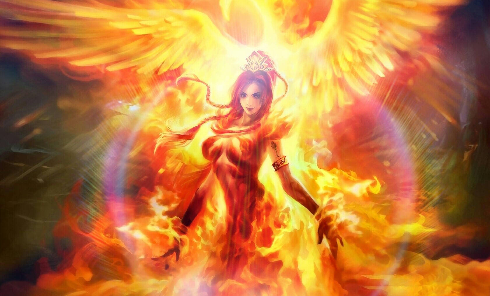 Dota 2 4K 琳娜 壁紙 — 一位光芒四射的鳳凰女郎，擁有發光的翅膀，從火焰中出現，帶有神聖、熾熱的光環。