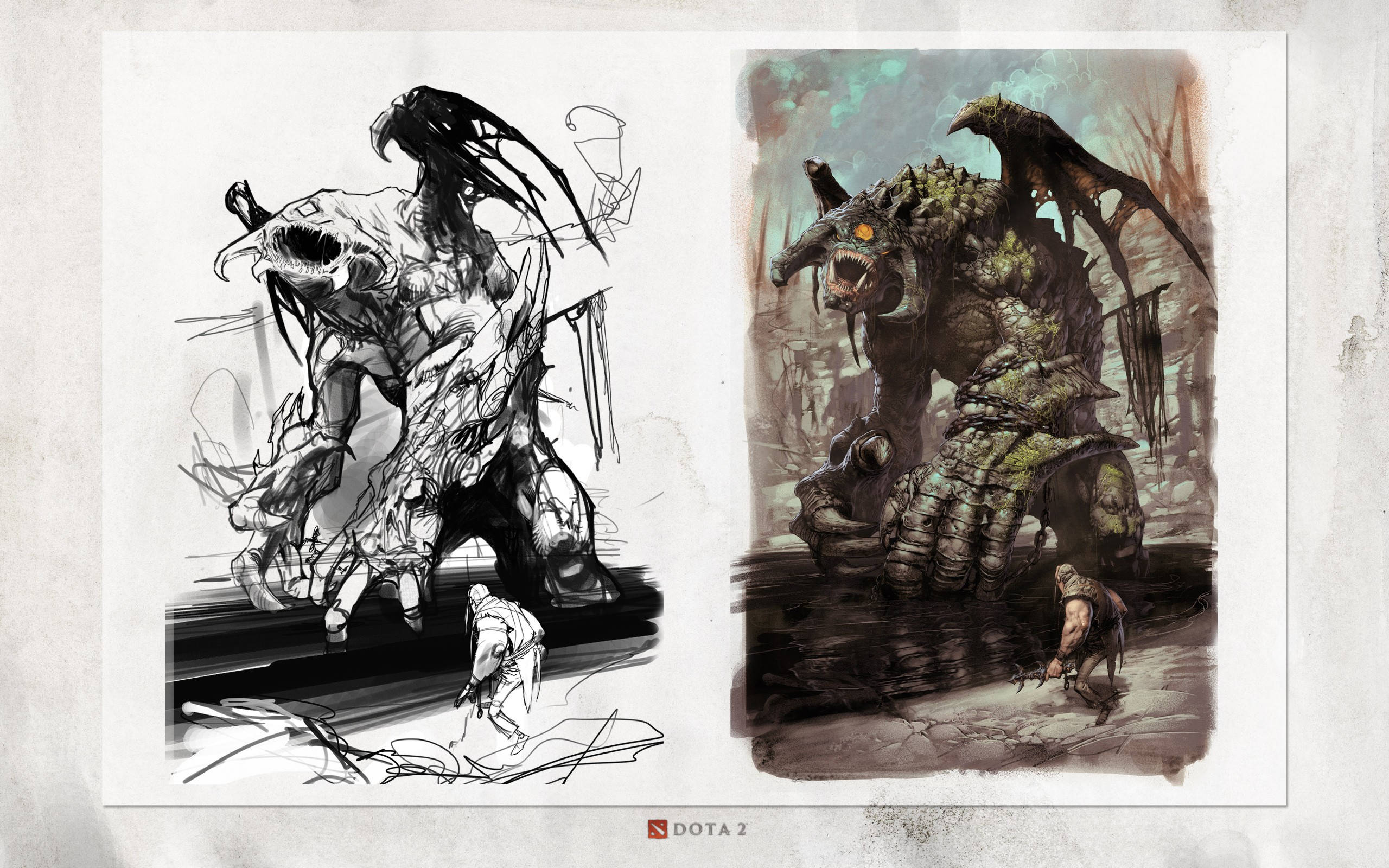 Dota 2 4K 羅尚概念藝術 壁紙 — 素描簿頁面展示了一個怪物生物的設計演變，從粗糙的木炭線條到帶有發光眼睛的詳細水彩畫。