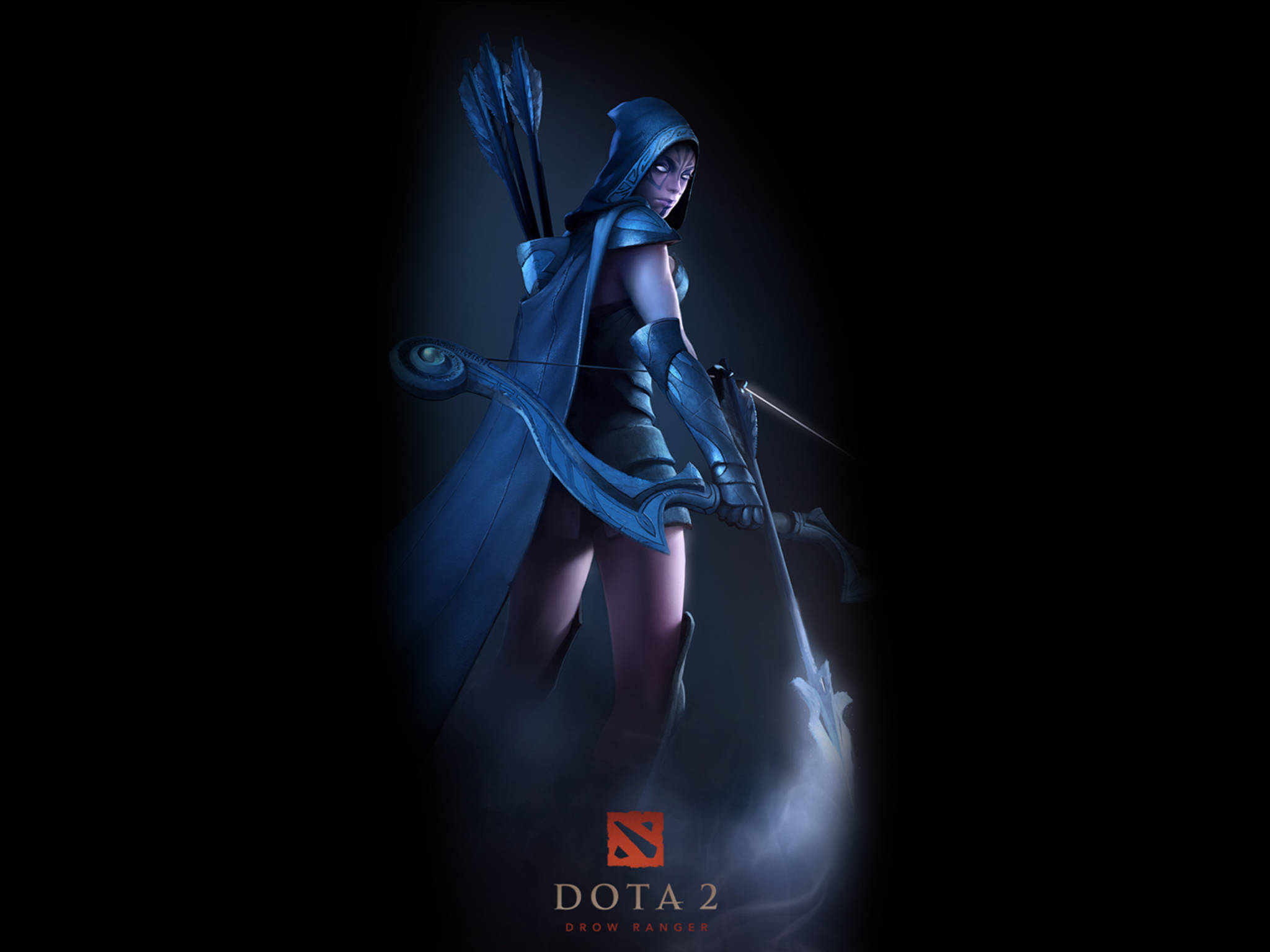 Dota 2 4K 羅絲女弓箭手 壁紙 — 一個戴著兜帽的藍衣弓箭手，手持弓箭，在黑暗迷霧的背景中蓄勢待發。