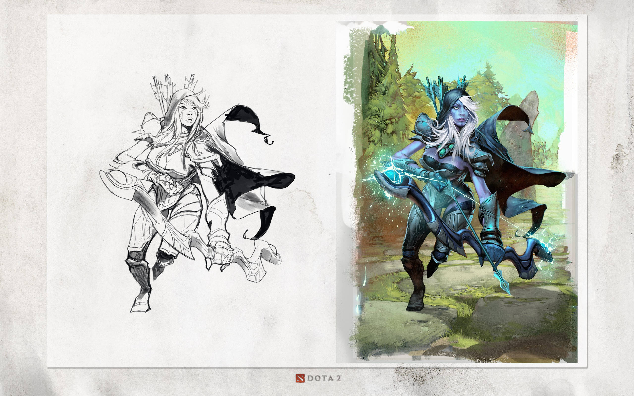 Dota 2 4K 羽箭女郎 壁紙 — 一位擁有飄逸白髮和發光藍色箭矢的奇幻女戰士，站在森林空地上，旁邊是她的黑白素描。