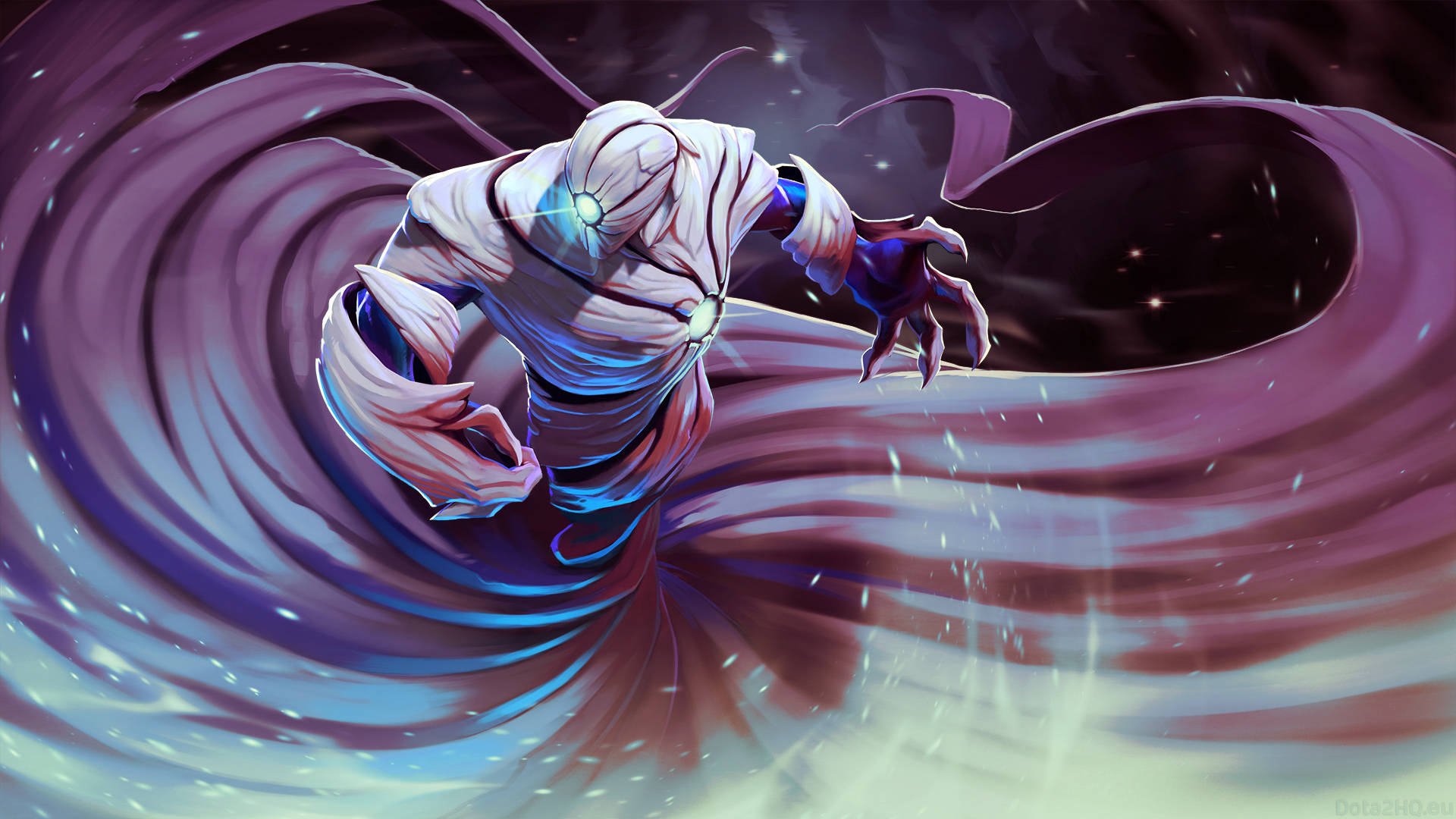 Dota 2 4K 艾歐 壁紙 — 一個發光的白色木乃伊狀人物，藍色眼睛，紫色能量漩渦在宇宙虛空中環繞。