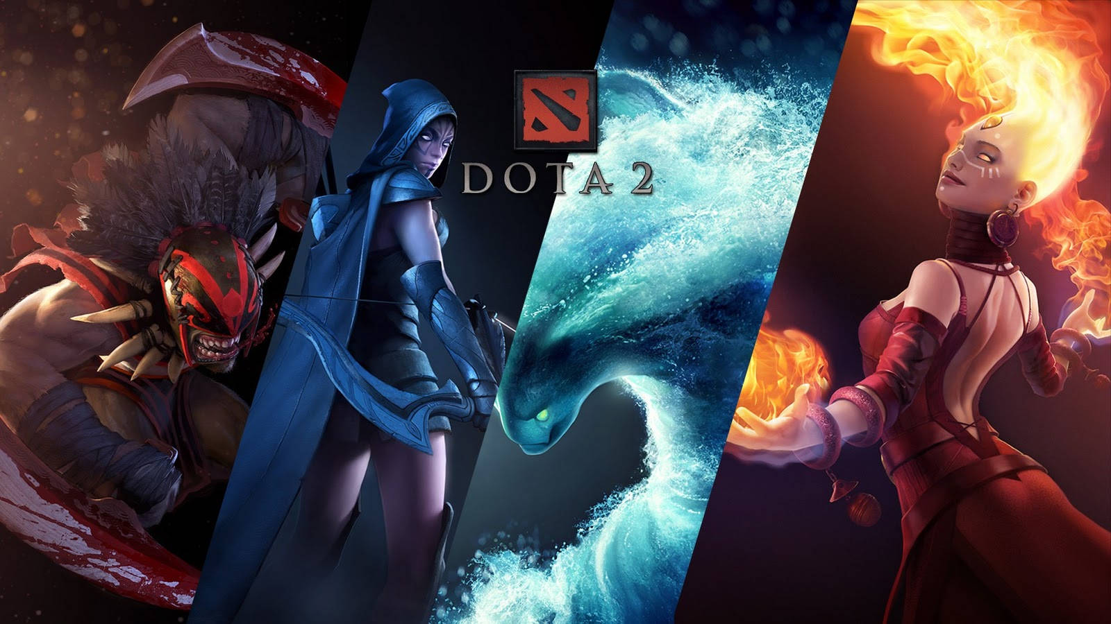 Dota 2 4K 英雄 壁紙 — 四個Dota 2英雄以戲劇性姿勢呈現，帶有火焰水與黑暗奇幻元素。