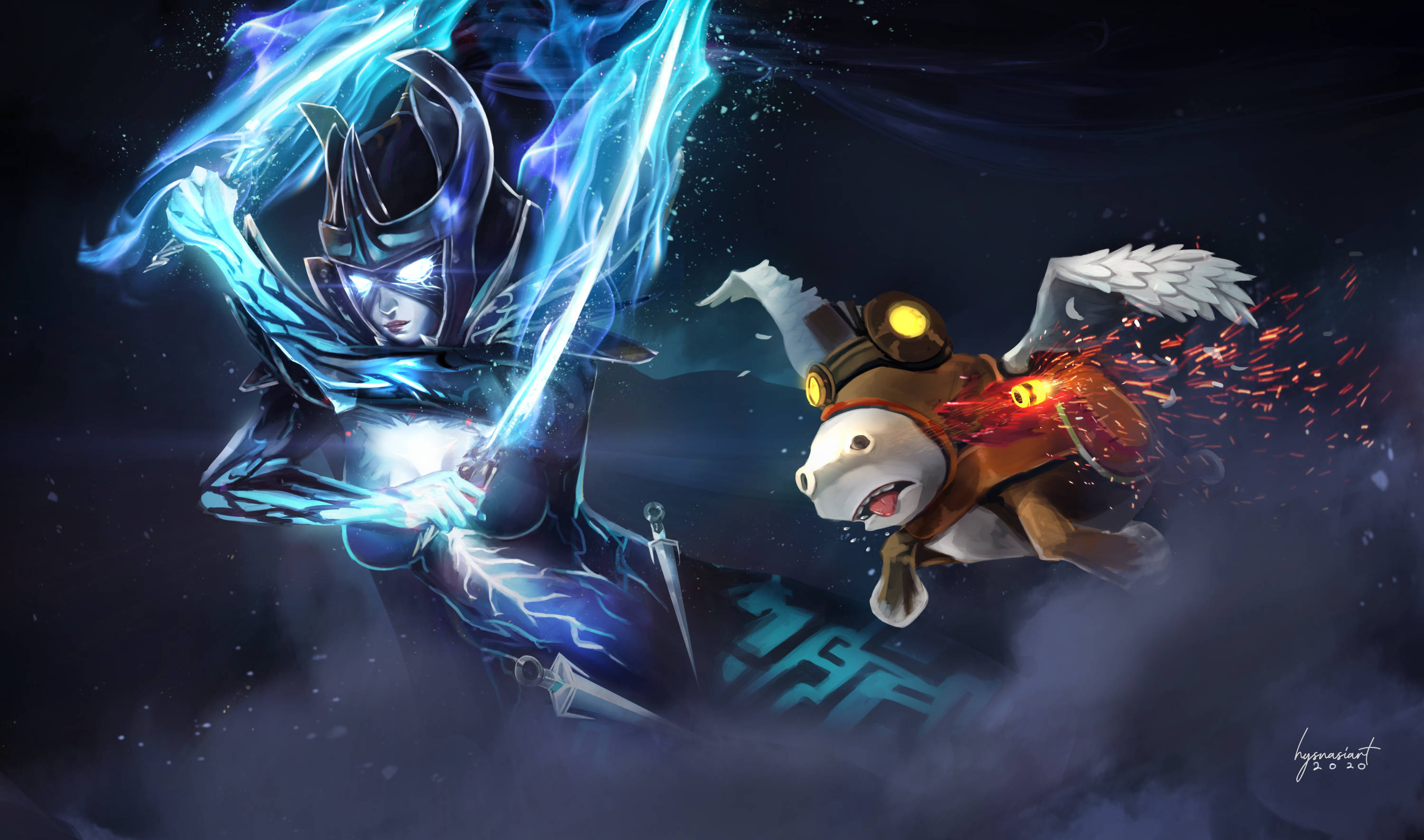 Dota 2 4K 莫特雷德 幻影刺客 壁紙 — 一名身穿暗色鎧甲的戰士在宇宙戰鬥中揮舞著發光的藍色劍，對抗一隻火焰翅膀的生物。