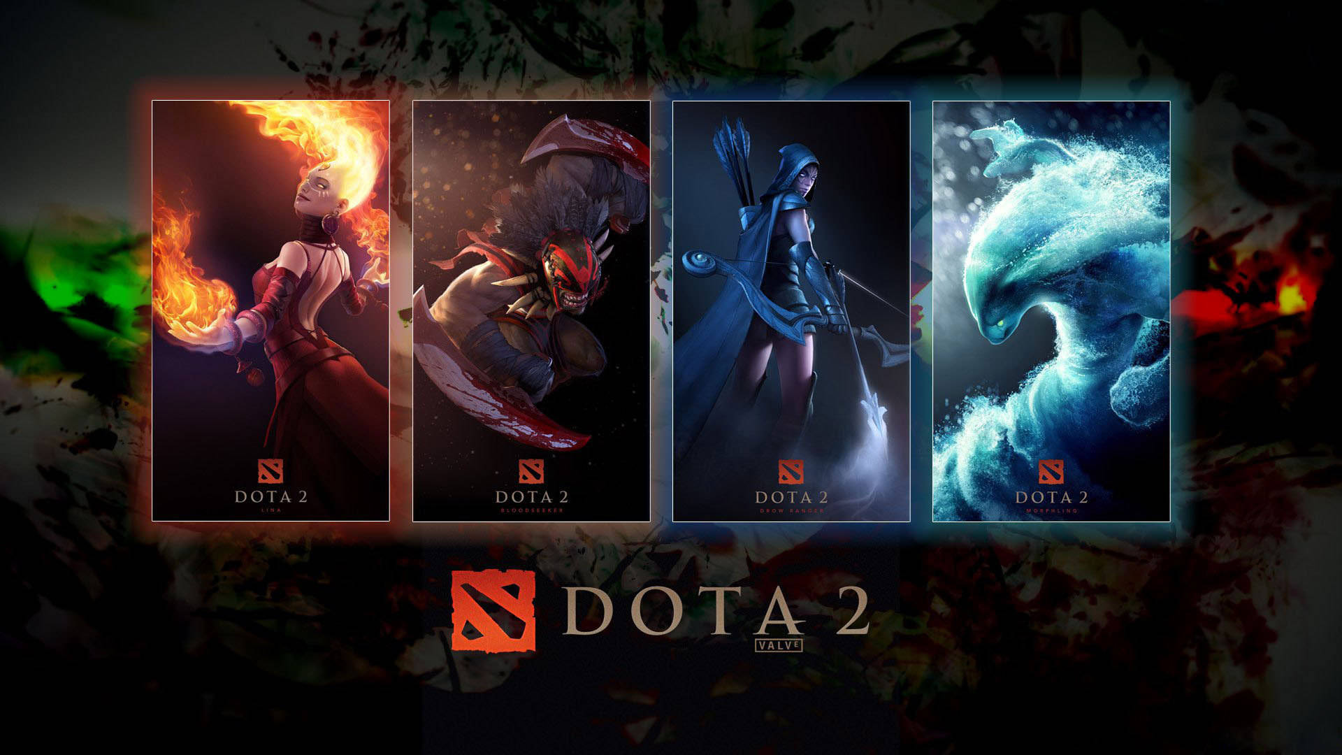 Dota 2 4K 角色選擇頁籤 壁紙 — 四個 Dota 2 英雄肖像在黑暗抽象背景前閃耀著火焰水元素魔法。