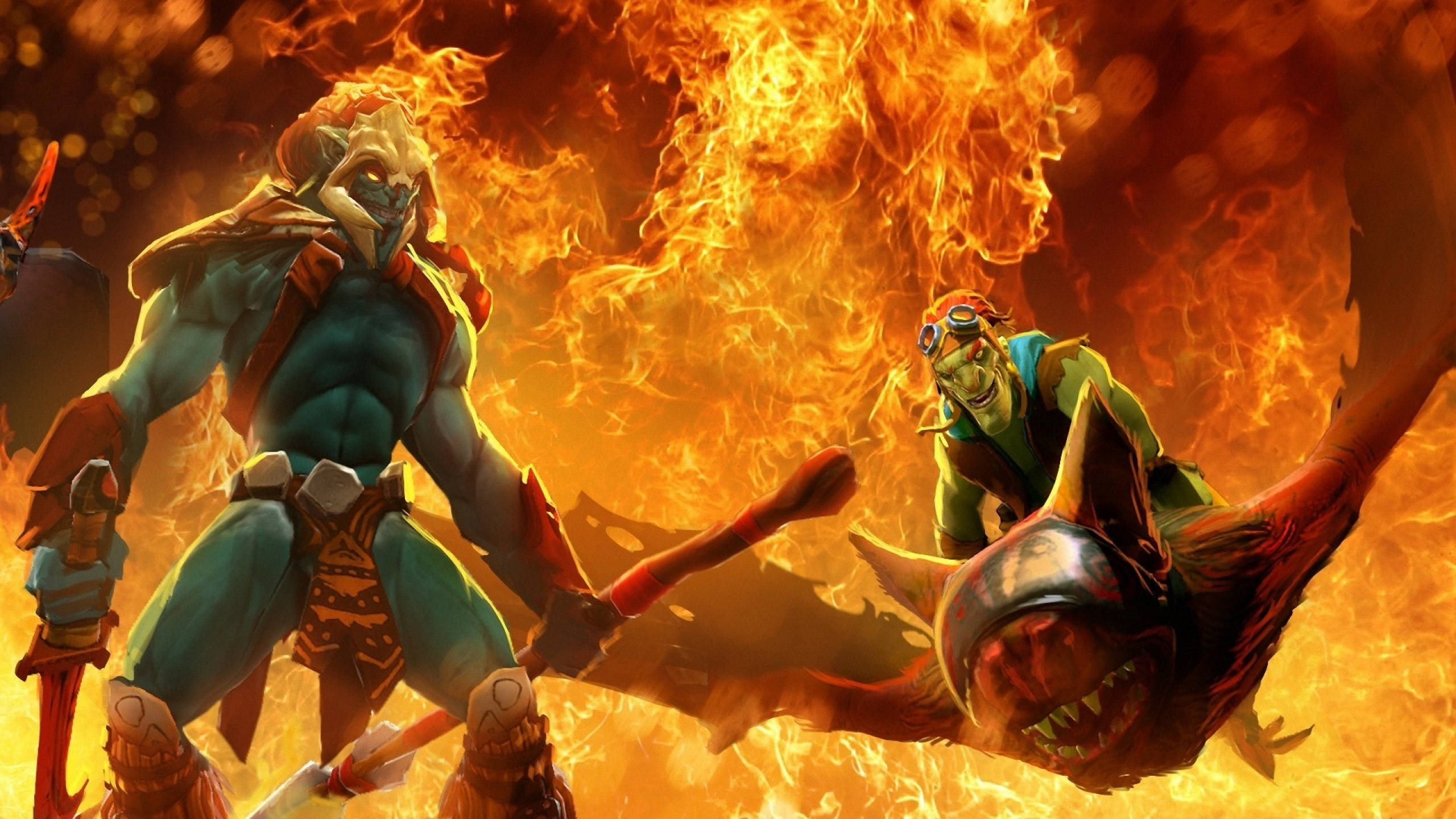 Dota 2 4K 赫斯卡與蝙蝠騎士 壁紙 — 兩位奇幻戰士在火焰吞噬場景的激烈戰鬥中交鋒。