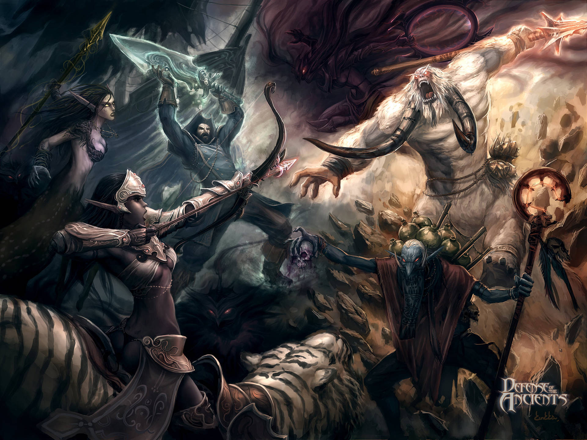 Dota 2 4K 超級戰爭 壁紙 — 奇幻戰士在混亂、黑暗的史詩場景中與一隻長角的怪物戰鬥。