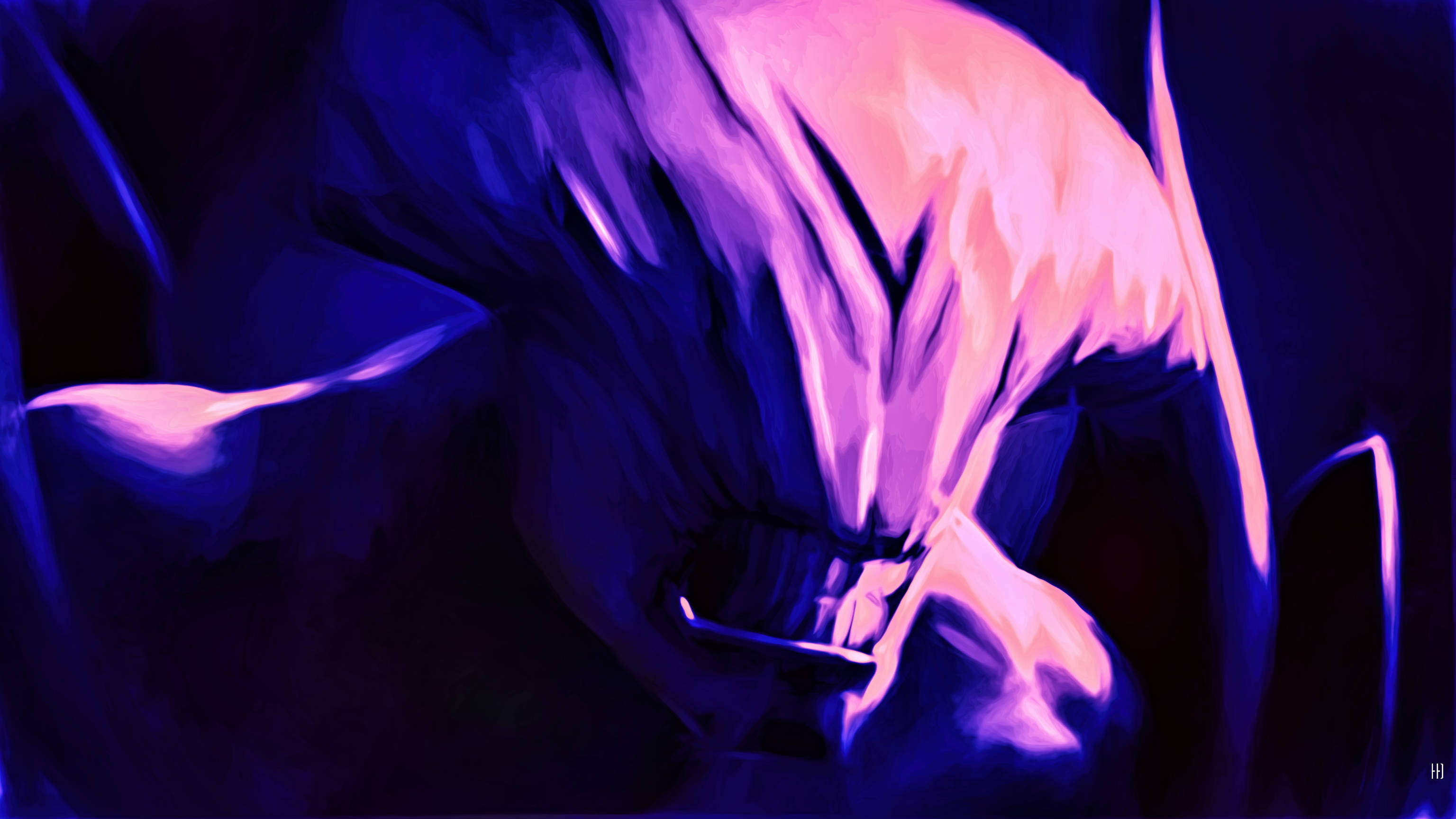 Dota 2 4K 面具無聲者 壁紙 — 一個風格化的數碼藝術肖像，描繪一個帶有發光紫色和粉紅色高光的威脅性生物，背景為深色。