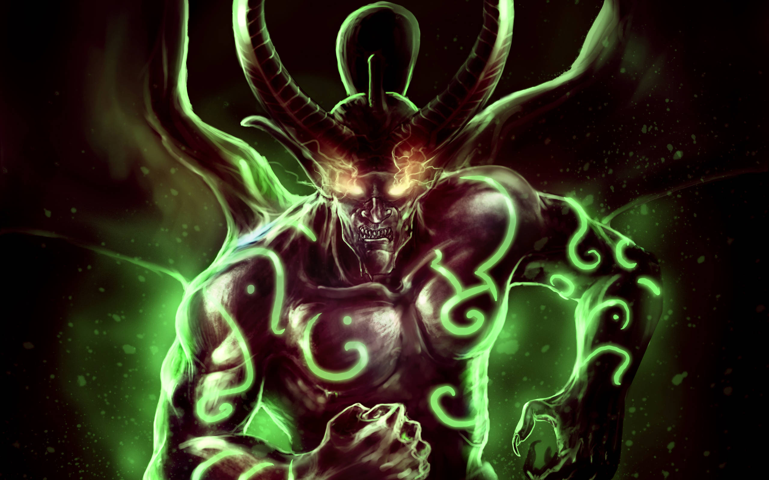Dota 2 4K 風暴法師 壁紙 — 一個帶有角的威脅性惡魔，發光的綠色能量在其肌肉發達的身體中流動，背景為黑暗。