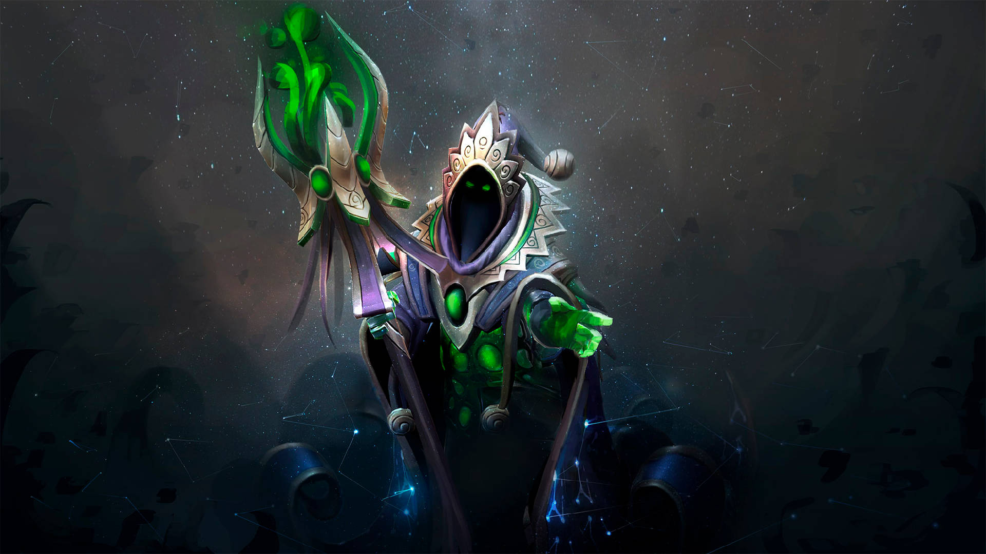 Dota 2 4K 魔法師魯比克 壁紙 — 一個戴著兜帽的神秘人物，擁有發光的綠色眼睛和華麗的盔甲，站在星光燦爛的宇宙背景前，揮舞著發光的法杖。