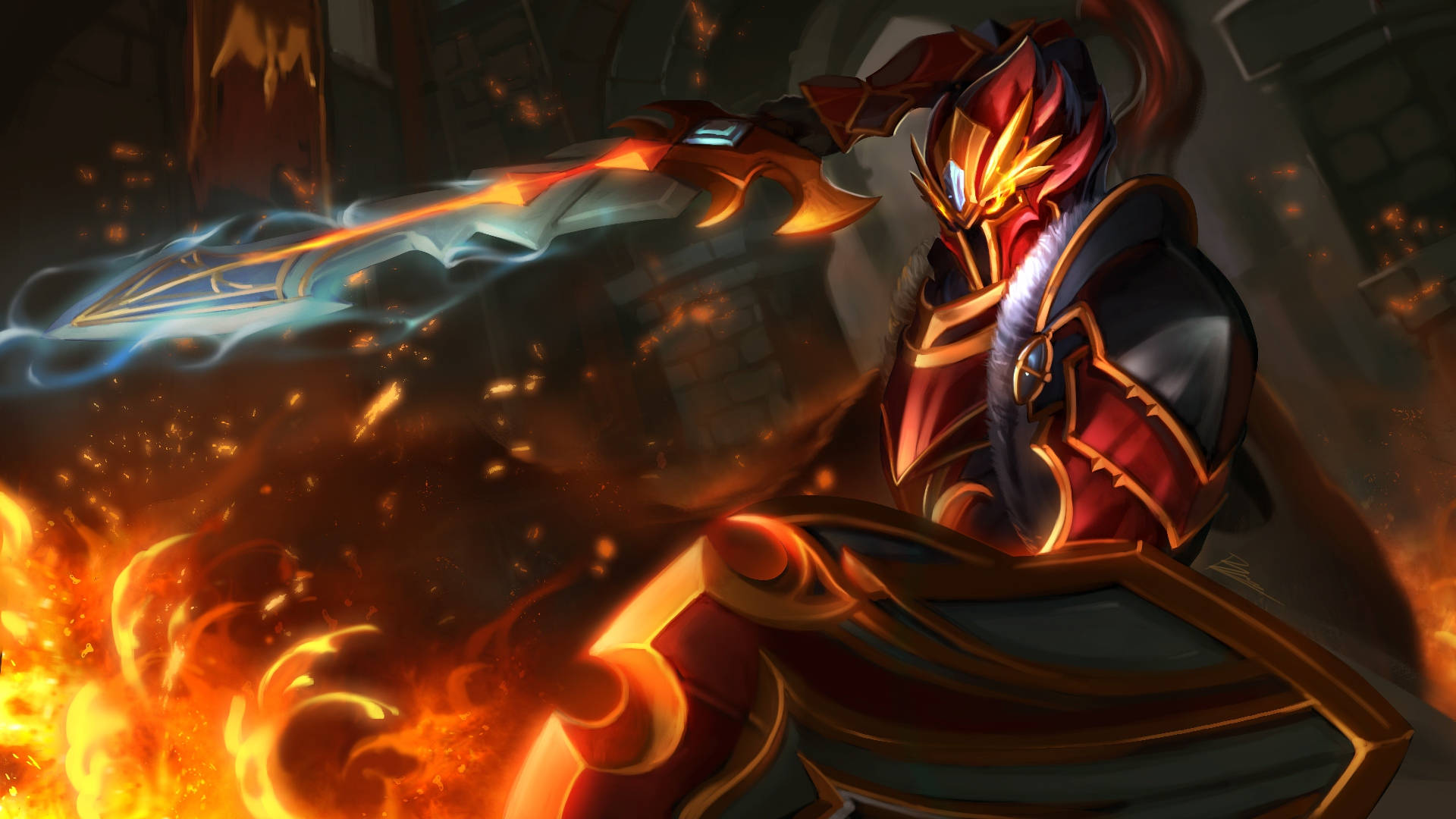 Dota 2 4K 龙骑士 壁紙 — 一位火焰裝甲戰士在黑暗奇幻場景中，於旋轉的火焰和餘燼中揮舞著發光的劍。