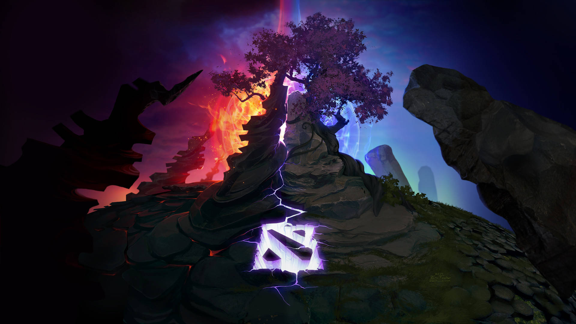 在Dota 2桌面沉浸於經典戰鬥 壁紙 — 一棵孤獨的樹立在岩石懸崖上，閃電擊中下方發光的符號，背後是火紅的熔岩和空靈的藍天。