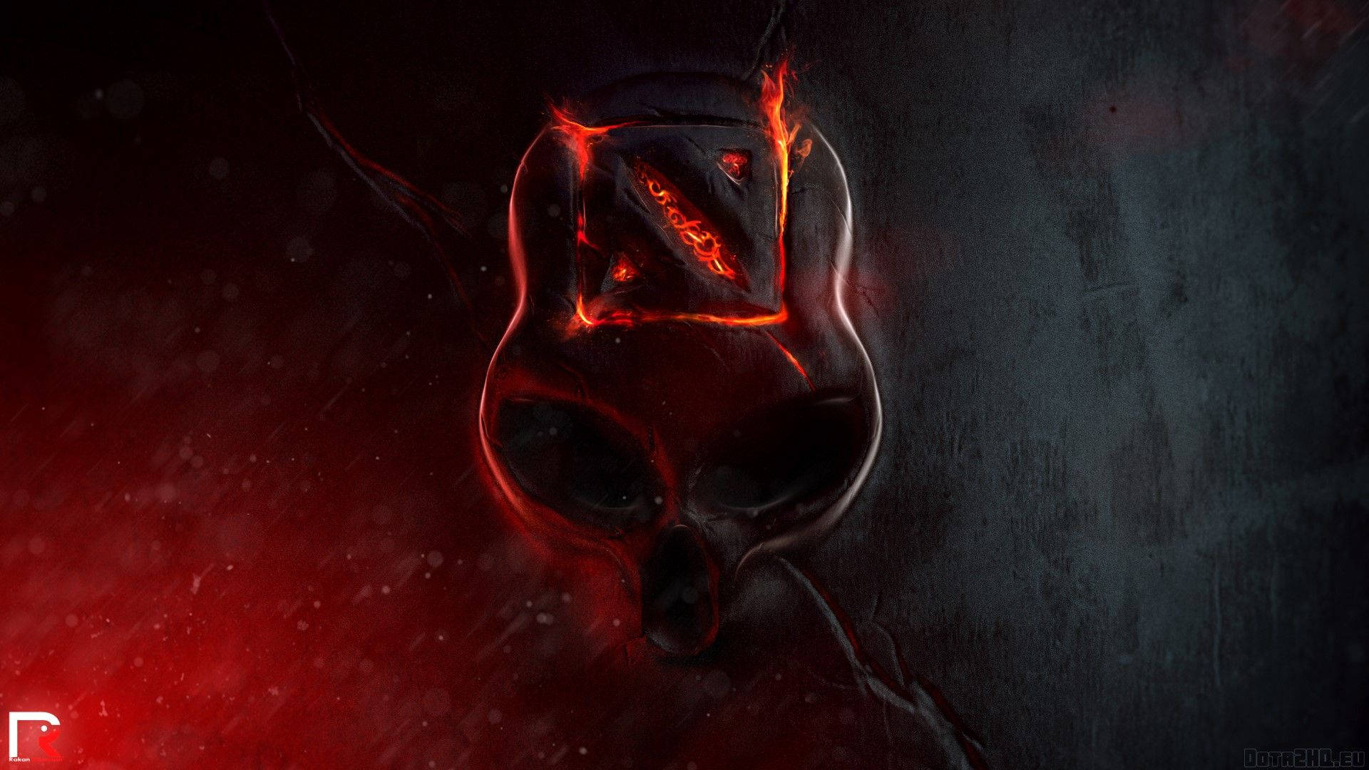 Dota 2骷髏標誌 壁紙 — 一個帶有發光紅眼和火焰裂縫的威脅性頭骨，背景為深色紋理。