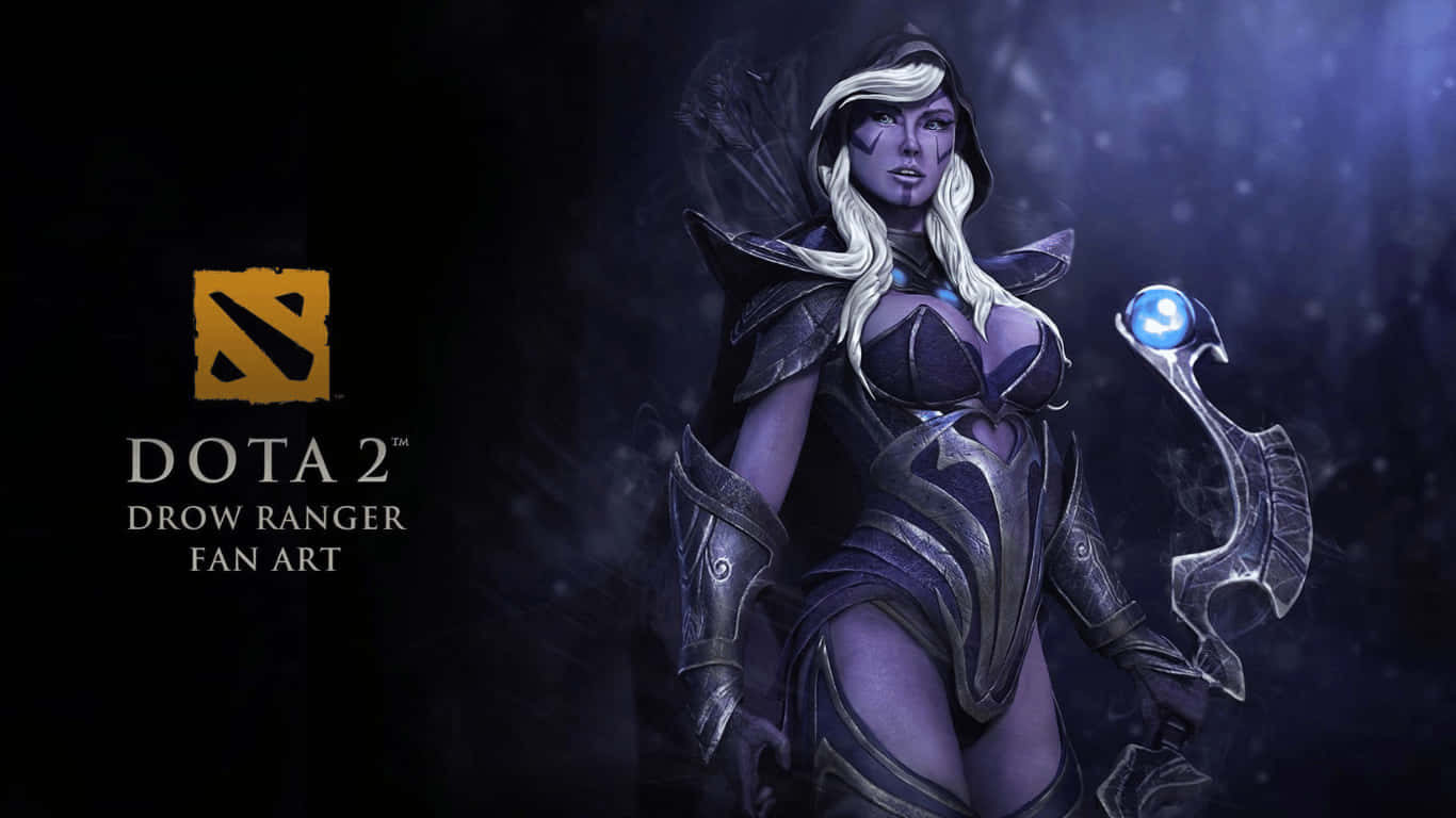 Dota 2 Drow Ranger 粉絲藝術，在陰影迷霧中手持發光藍色球體武器。