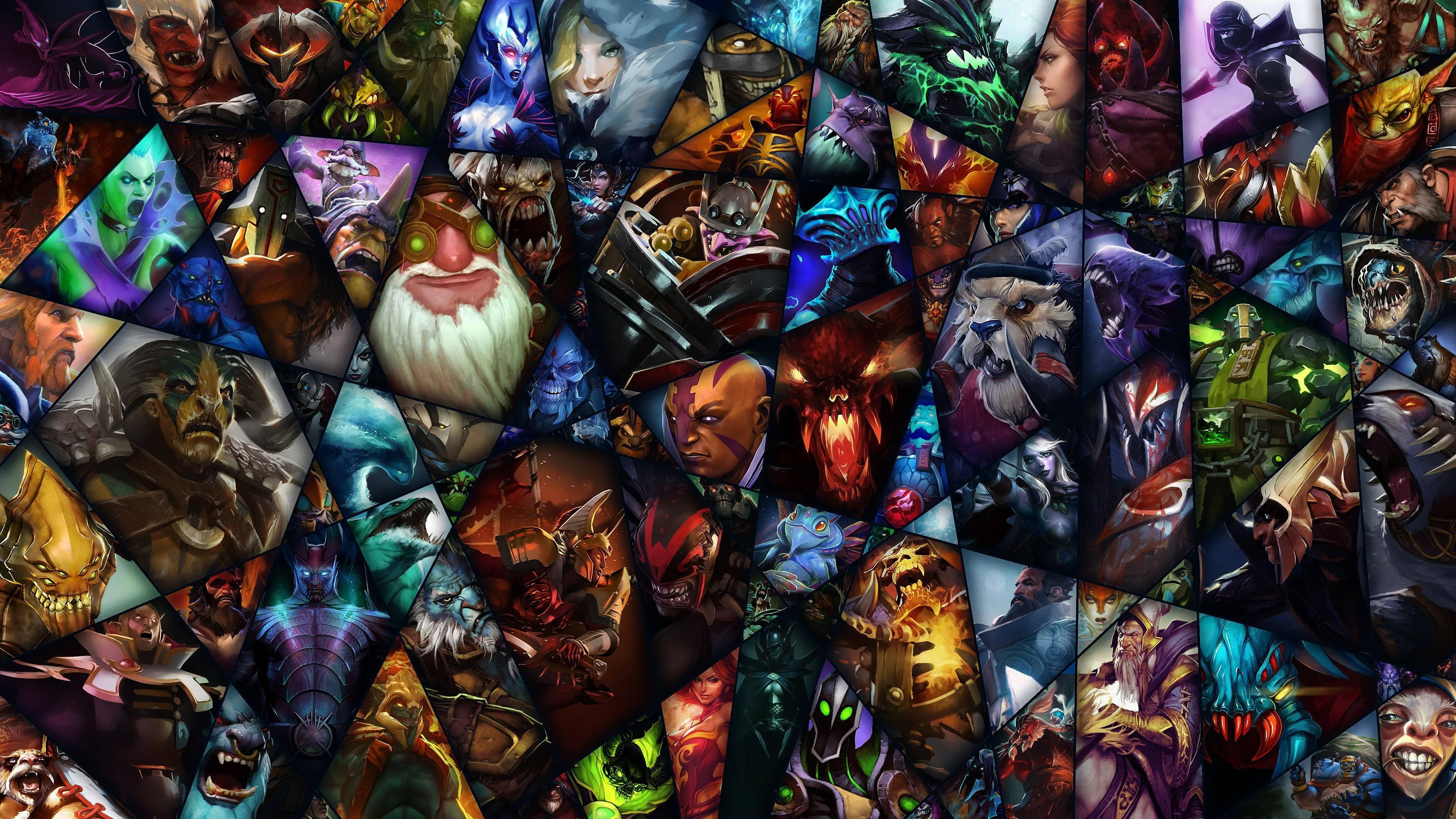 Dota 2 桌面壁紙：經典遊戲風暴 壁紙 — 來自《魔獸世界》的三角形遊戲角色肖像的充滿活力的拼貼畫，具有強烈的表情和豐富的奇幻藝術。
