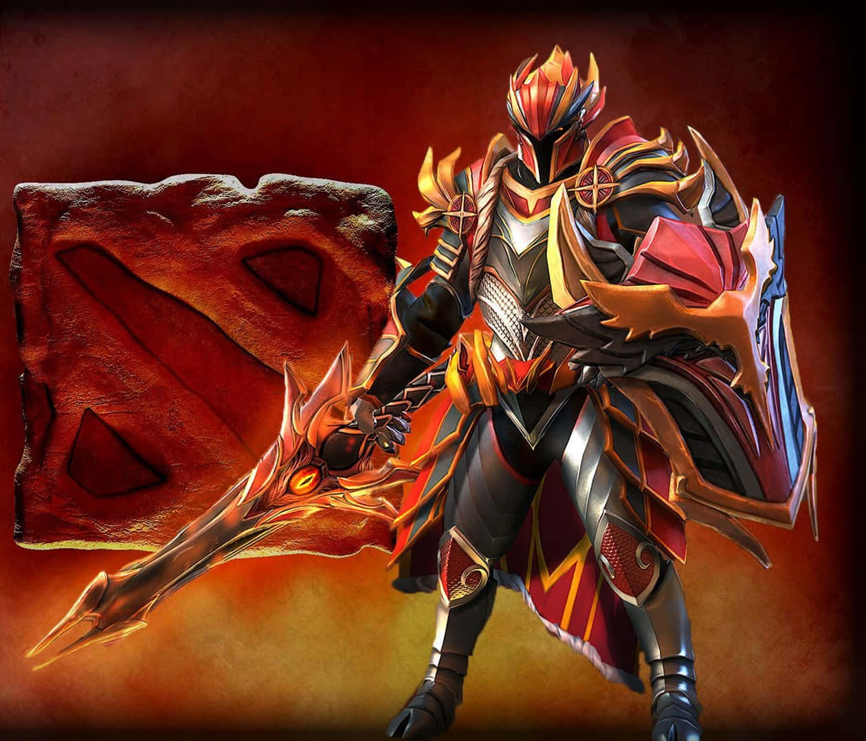Dota 2 龍騎士 壁紙 — 一個身穿火焰盔甲、眼睛發光的戰士，在裂開的石板旁揮舞著一把火焰劍，背景是悶燒的紅色。