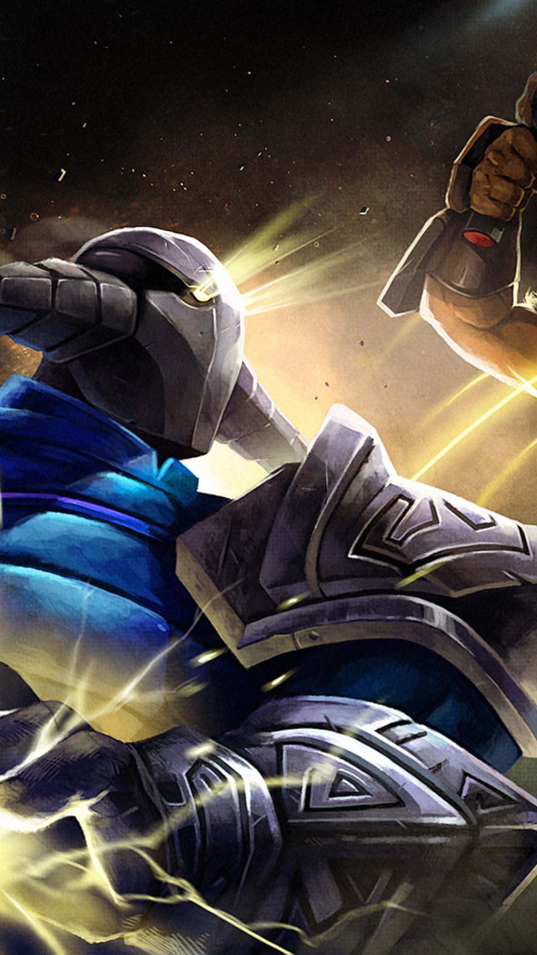 Dota 2 Sven 主題 Android 壁紙 — 一名身穿藍銀色盔甲的裝甲戰士，在星空宇宙背景下以發光的拳頭碰撞。