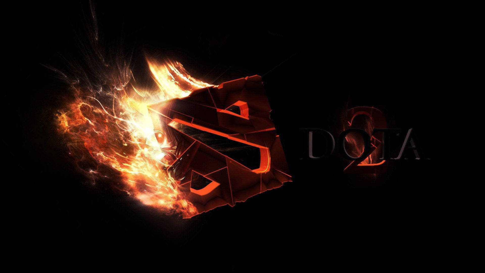 Dota 2 標誌燃燒 壁紙 — 一個熾熱發光的DOTA 2標誌在黑色背景上爆發出強烈的橙色火焰。
