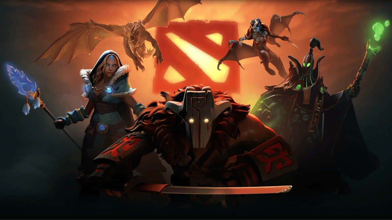 奇幻英雄與巨龍在發光的 Dota 2 標誌下戰鬥。