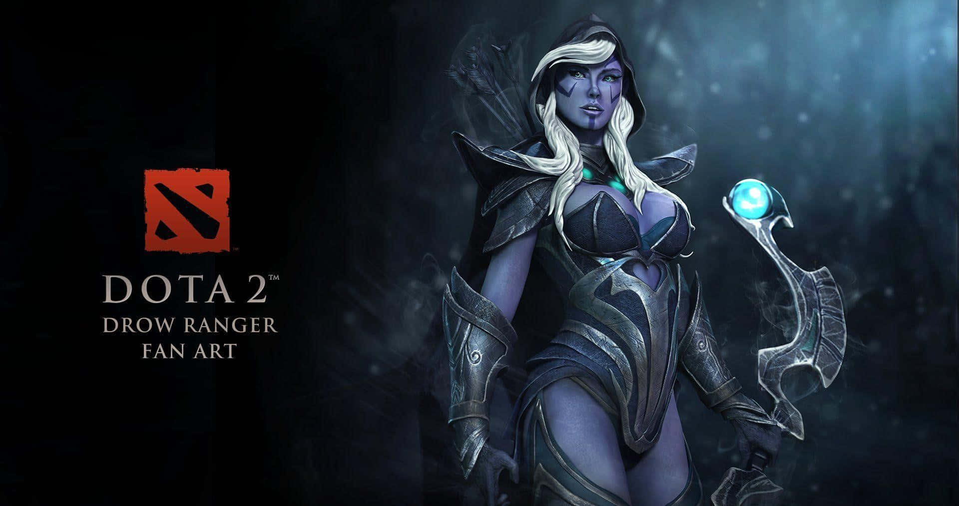 Drow Ranger 桌布 壁紙 — Dota 2 中黑暗遊俠的黑暗奇幻插圖，在迷霧陰影背景中手持發光的藍色弓。