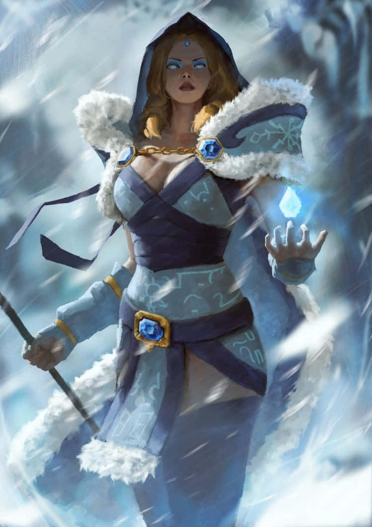 身穿藍色和白色長袍的冰霜法師在雪暴中召喚冰。