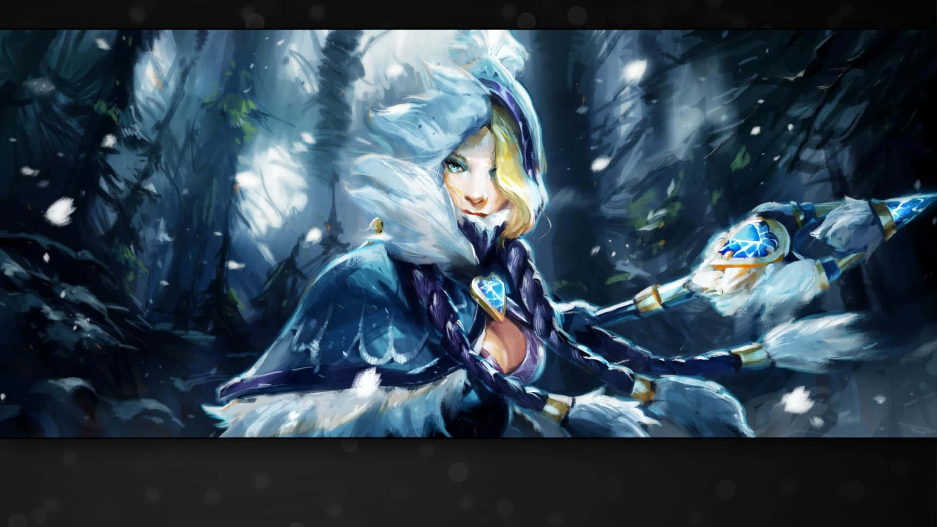 金髮戰士身穿冰甲在雪地森林中手持霜矛。