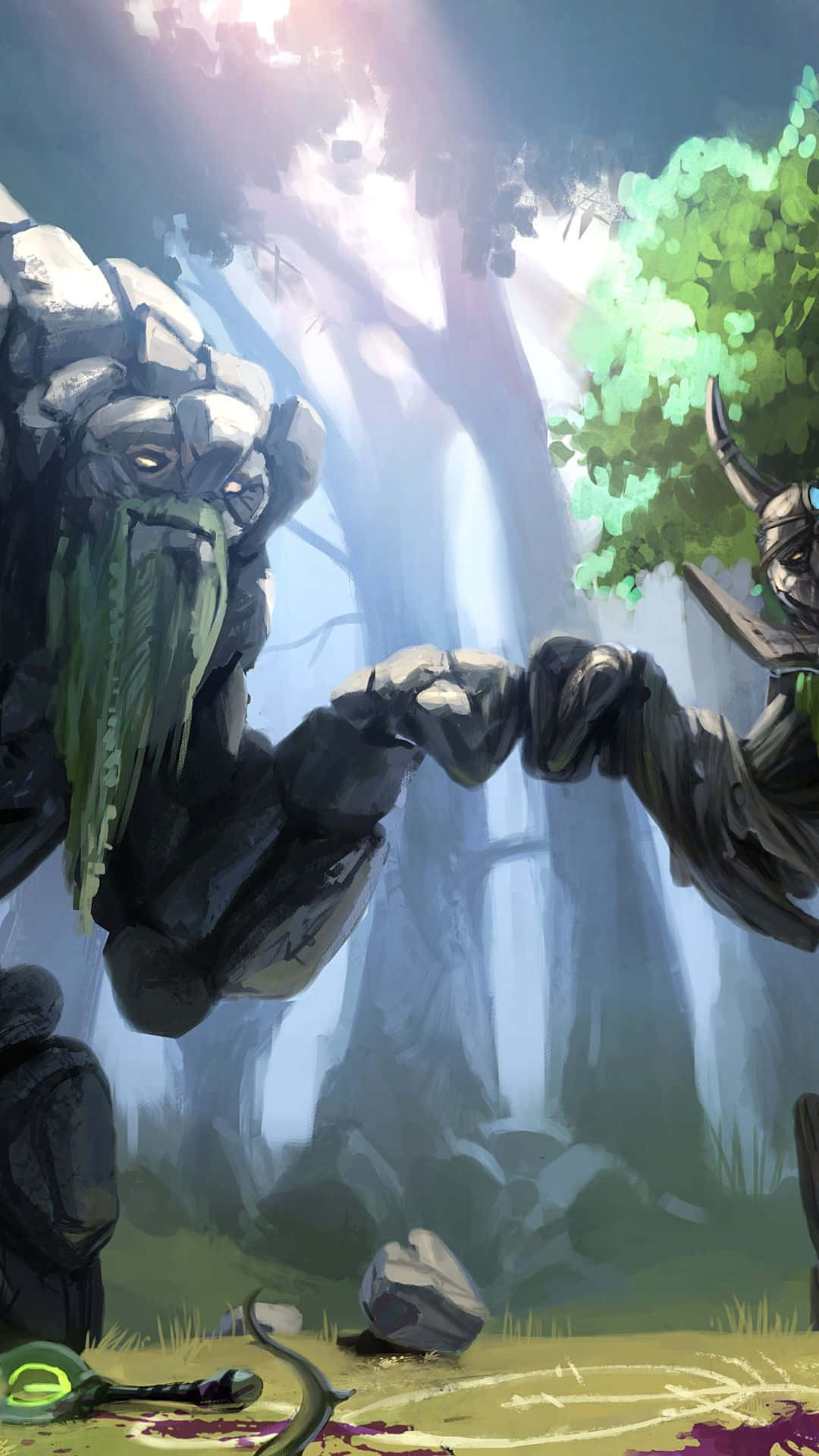 Dota 2 小小拳頭擊掌巨樹 Android 壁紙 — 兩個長著苔蘚鬍鬚的巨型石像在神秘森林空地上，沐浴在空靈光芒中緊握雙手。