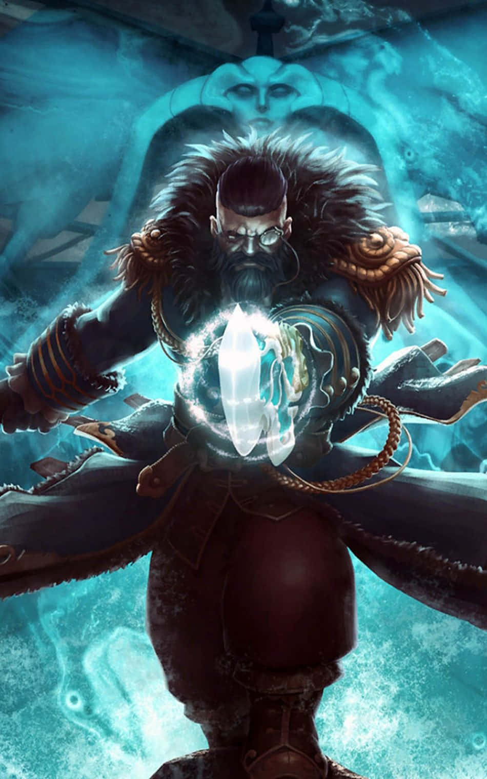 鬍鬚戰士身穿毛皮盔甲從水晶球中引導發光魔法。