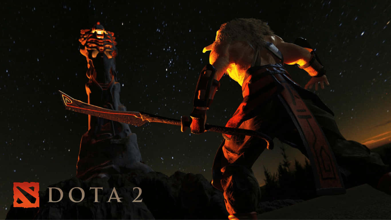 身穿發光盔甲的 Dota 2 英雄在繁星點點的夜空下持劍