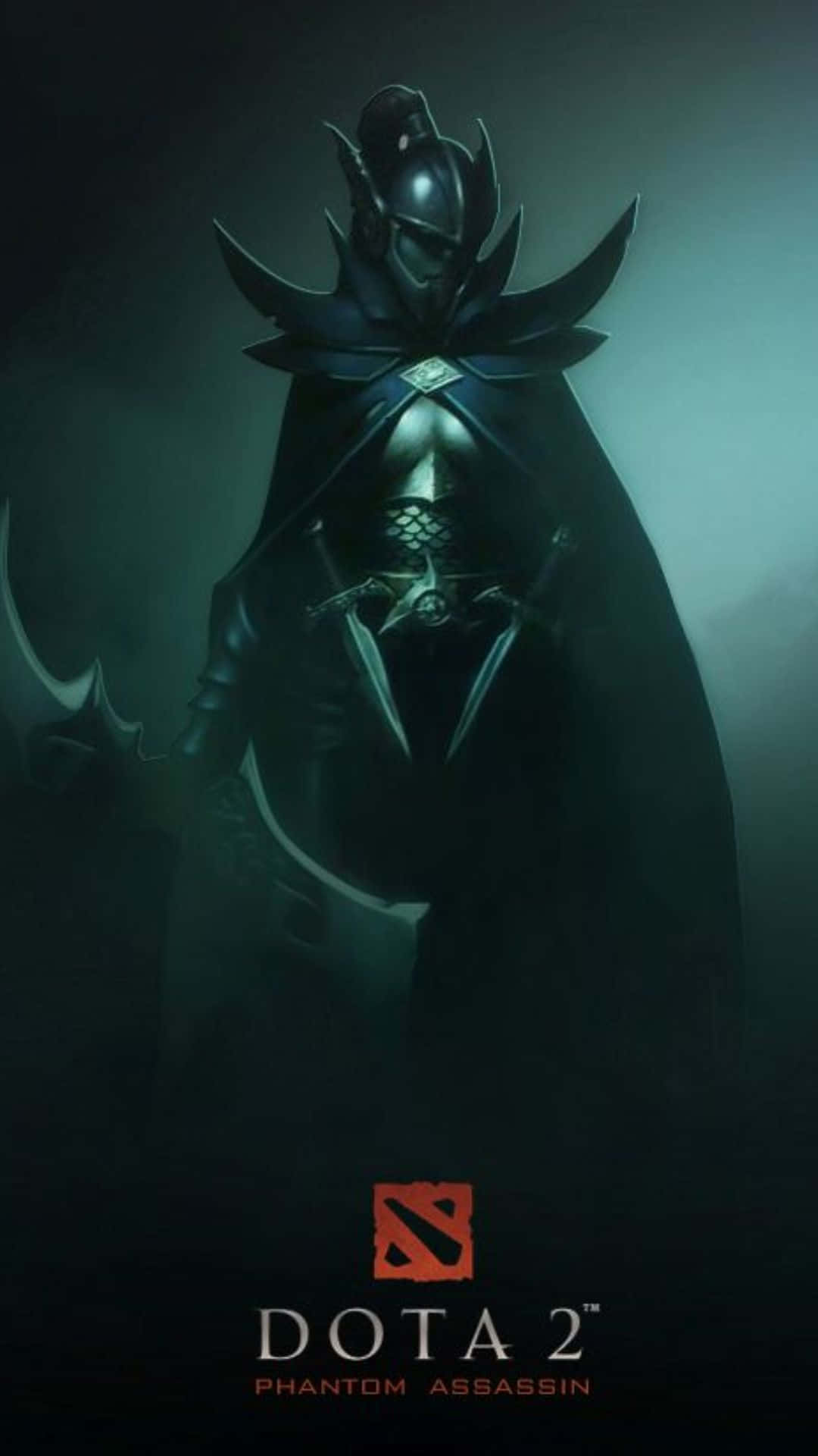 來自Dota 2的幻影刺客身穿暗色盔甲，在迷霧陰影中手持雙刃。