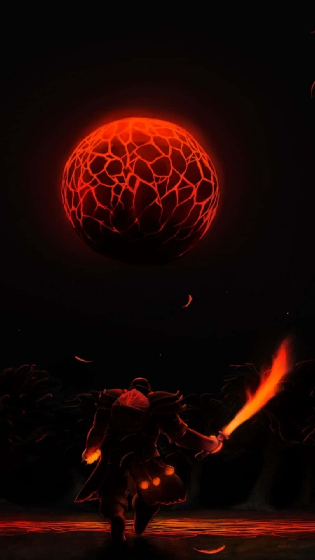 戰士在破裂的紅色球體下持火焰劍，黑暗外星世界