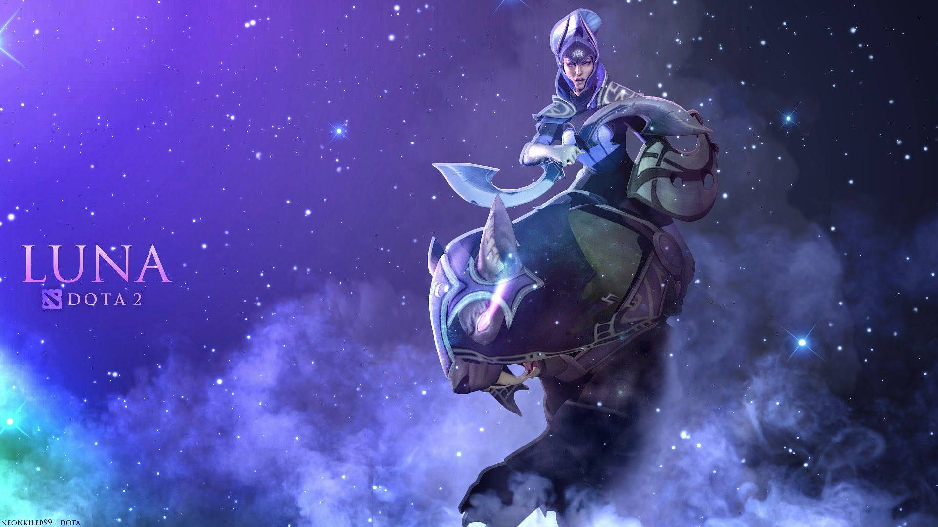 來自 Dota 2 的 Luna 騎著野豬穿過星光燦爛的宇宙天空。