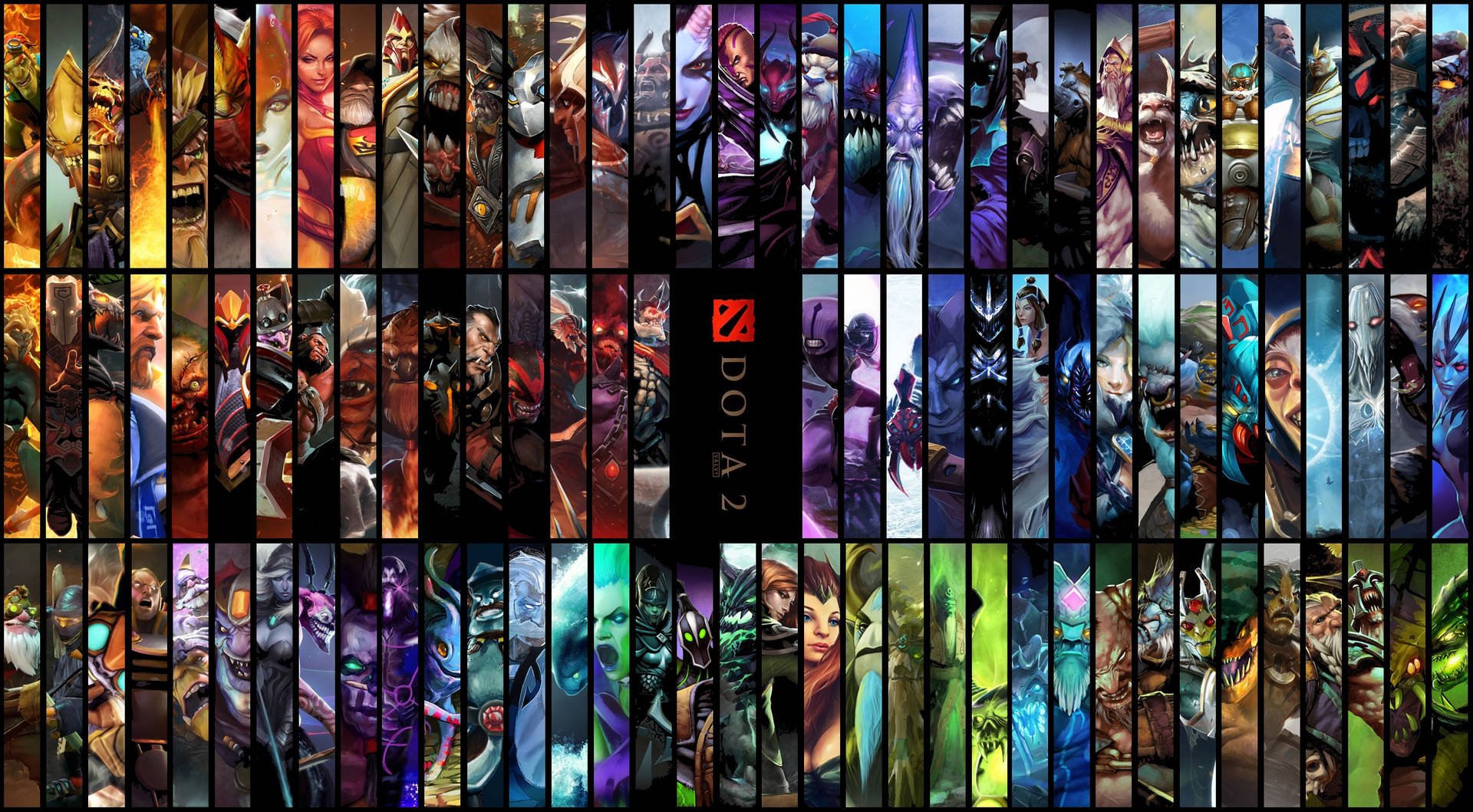 Dota 2遊戲英雄肖像以垂直條紋排列，中央有標誌。