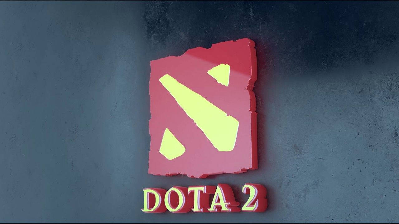 深色牆上的紅色和黃色3D字母Dota 2標誌。