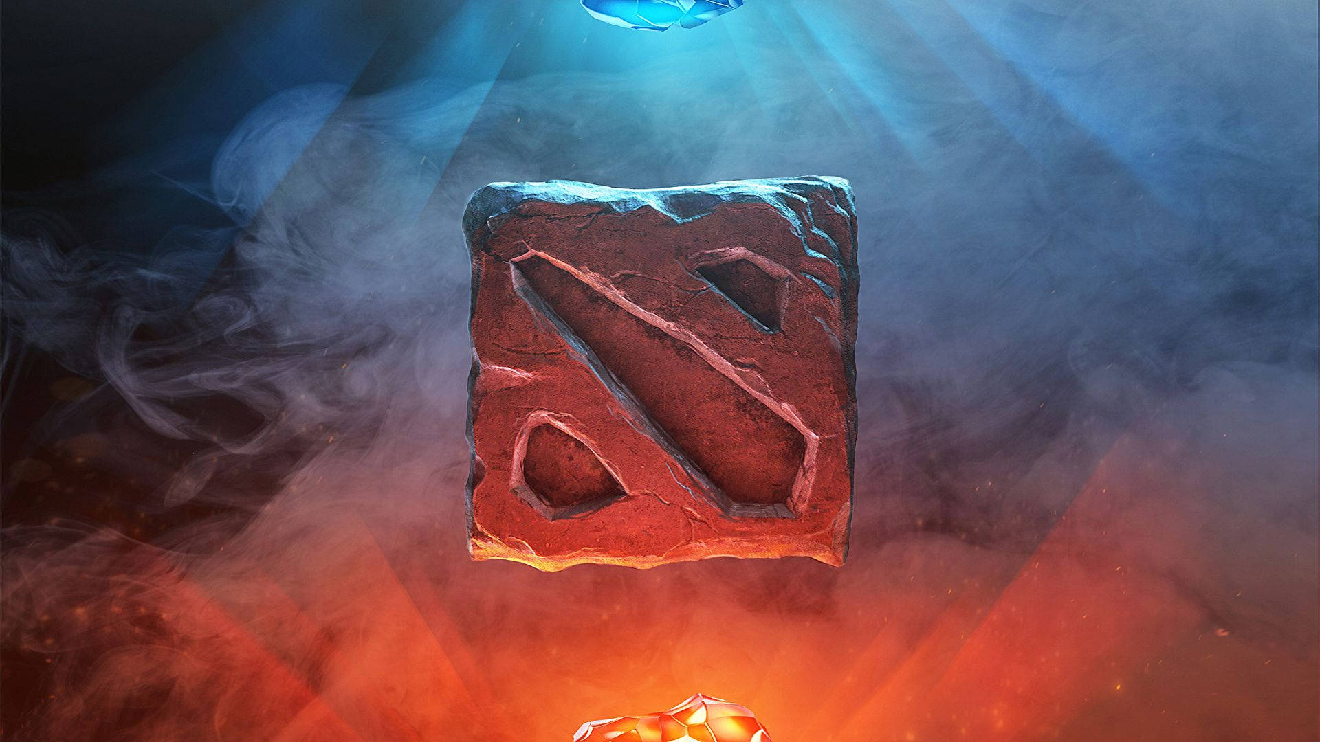 雕刻在石頭上的Dota 2標誌漂浮在彩色煙霧中，帶有戲劇性的燈光。