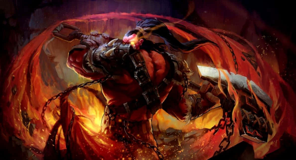 惡魔戰士揮舞火焰錘，被火焰鎖鏈包圍在黑暗的地獄場景中