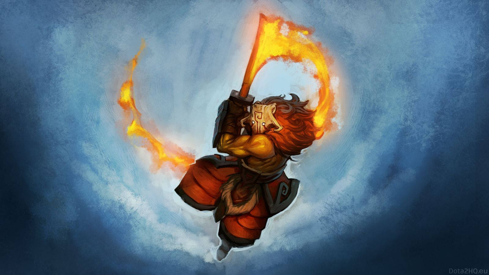 DOTA 2 燃燒薙刀的尤爾內羅 壁紙 — 一個火焰戰士手持烈焰斧頭，在旋轉的藍天中翱翔，散發出強烈的能量和力量。