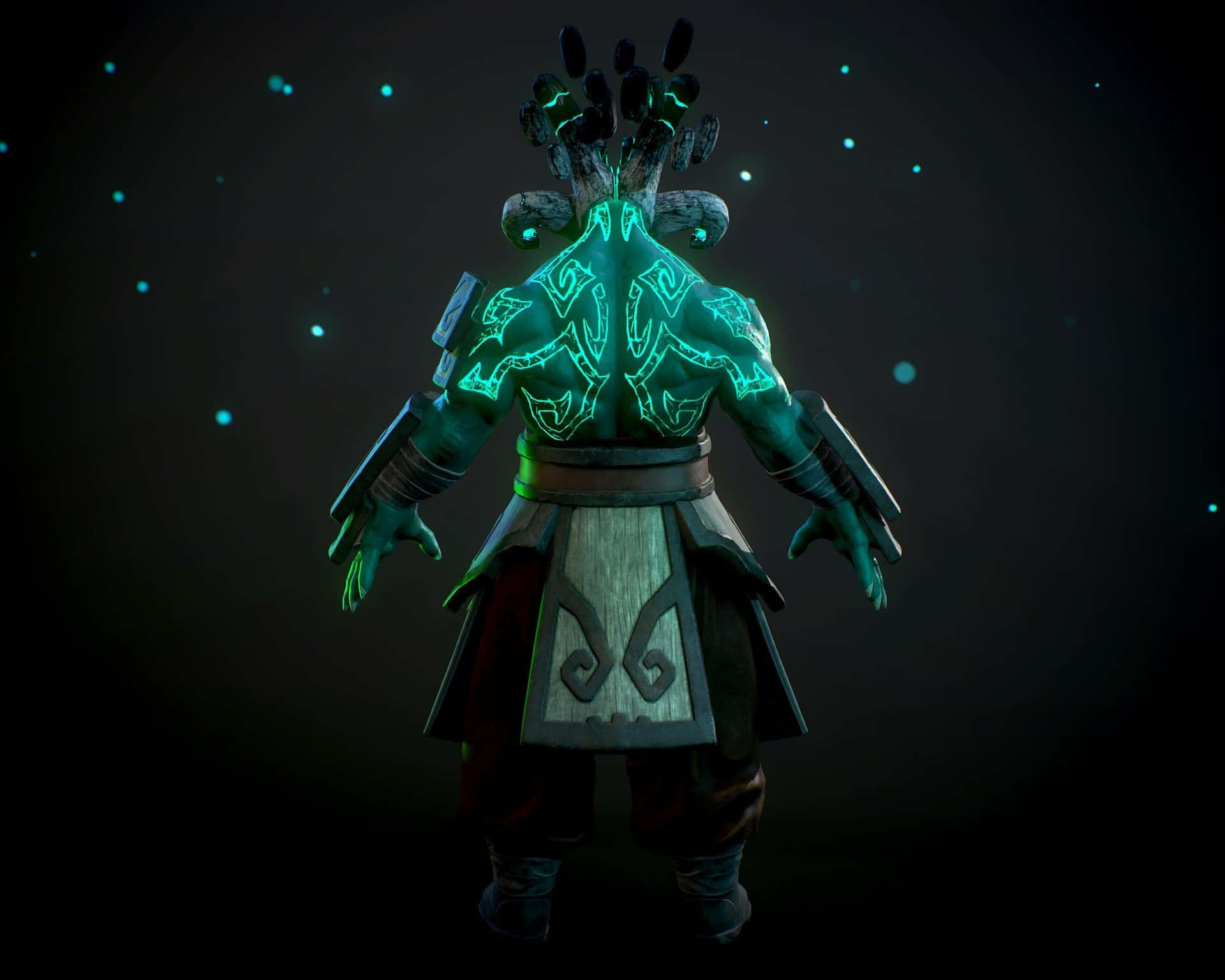 一個發光綠色裝甲戰士的背面，身上有發光紋身，背景是星光黑暗。