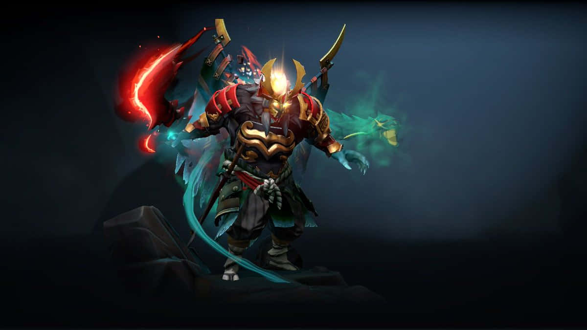 身穿發光紅藍鎧甲、揮舞魔法武器的奇幻戰士。