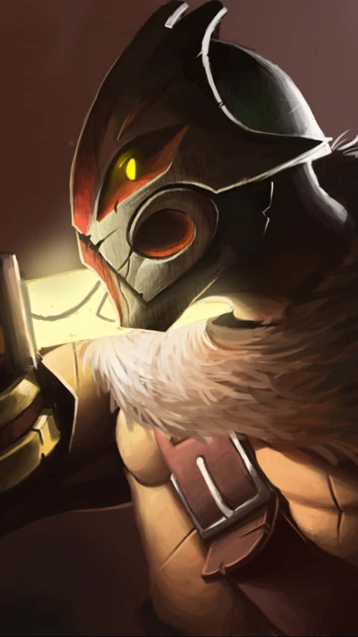 蒙面動漫戰士，眼睛發光，手持武器。