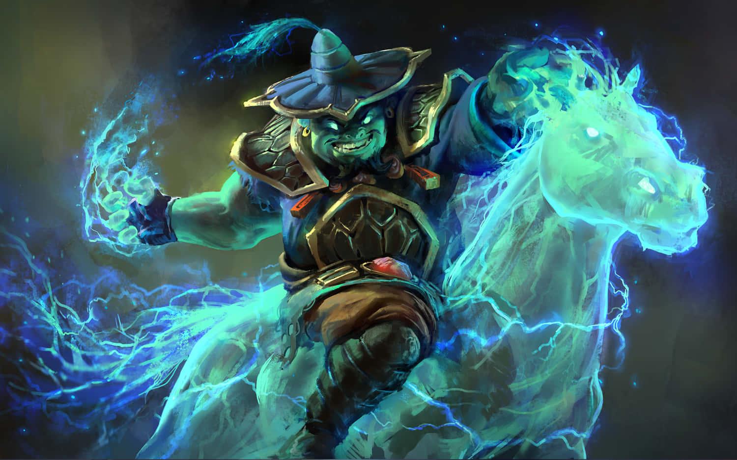 獸人戰士在暴風雨的天空中騎著一匹發光的閃電馬。