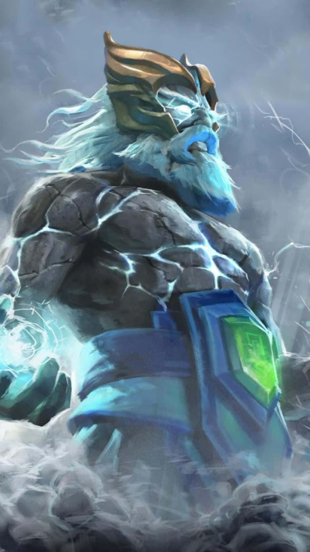 Dota 2 神話宙斯 Arcana Android 壁紙 — 一位高大的藍皮膚神祇，擁有噼啪作響的閃電力量和金色頭盔，從暴風雲中出現。