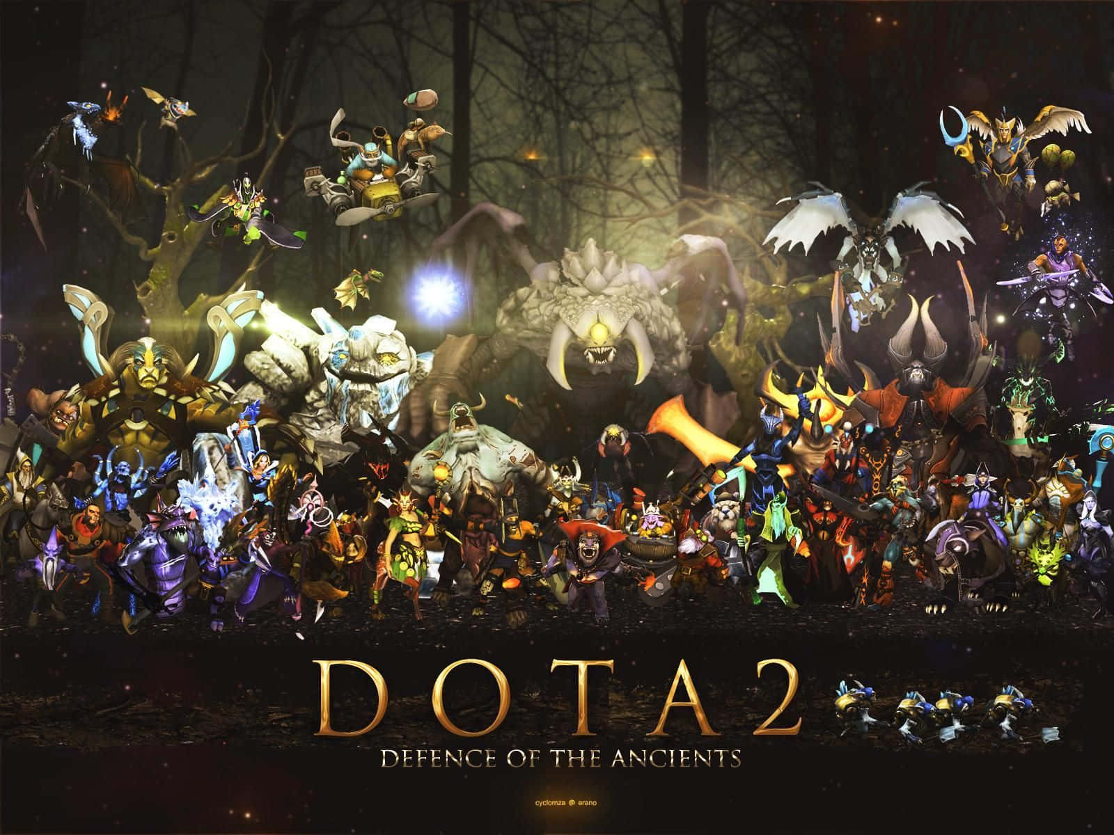 Dota 2英雄與怪物在黑暗森林中集結準備戰鬥。