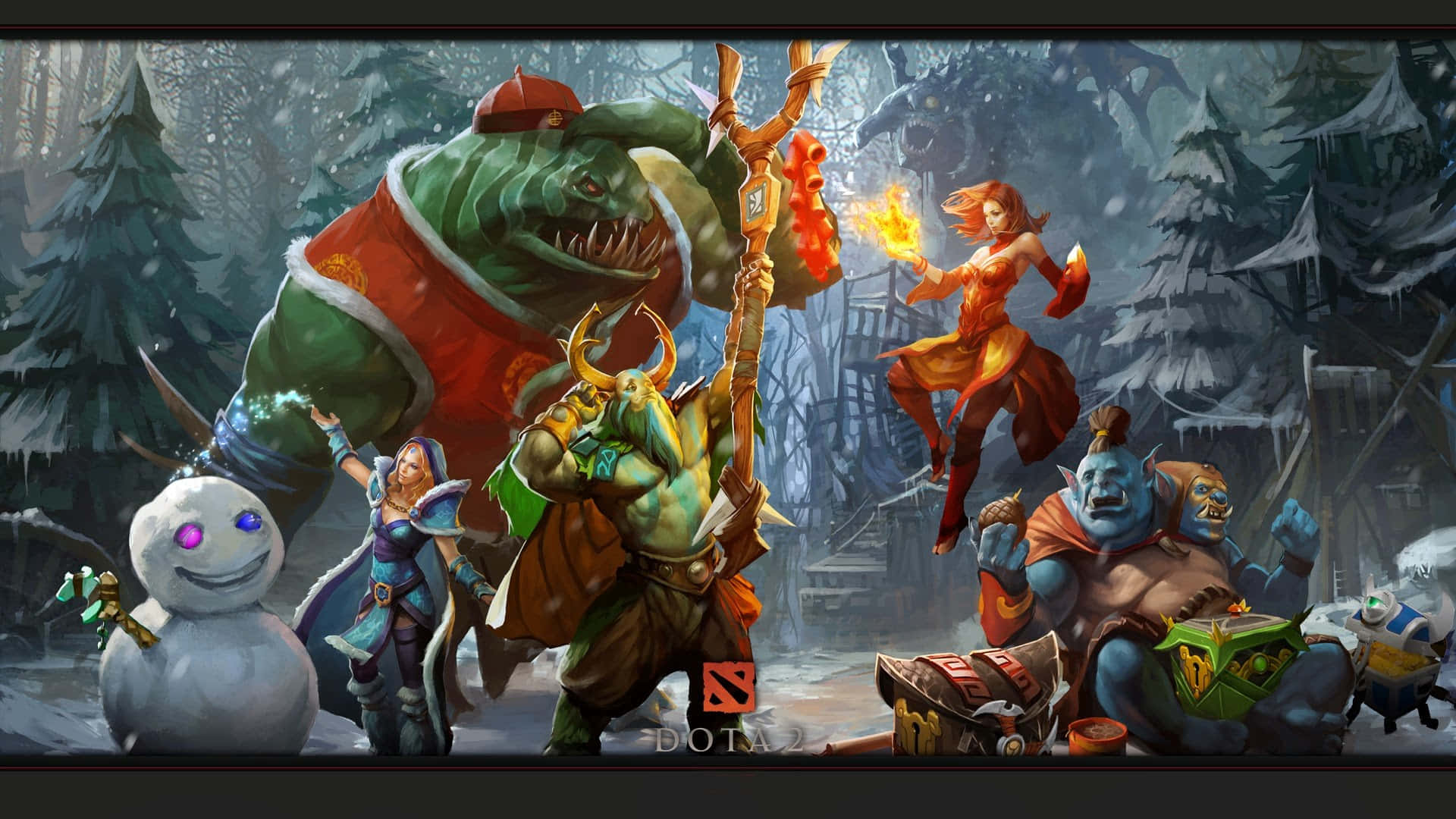 雪地森林中的Dota 2英雄，伴隨著發光的魔法和雪人。